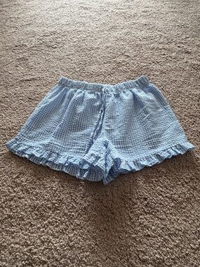 Light Blue Seersucker Ruffle Hem Women's Shorts